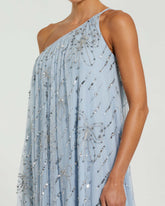 Blue One Shoulder Bow Embellished High Low Gown
